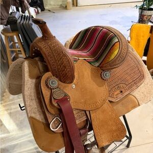 Kids Western Tooled Leather Saddle with Colorful Serape Seat